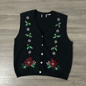 Vintage Embroidered Black Christmas Sweater Vest with Holly and Snowflake Button